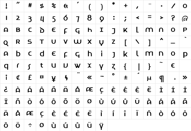 TechnoBold Regular  glyph index
