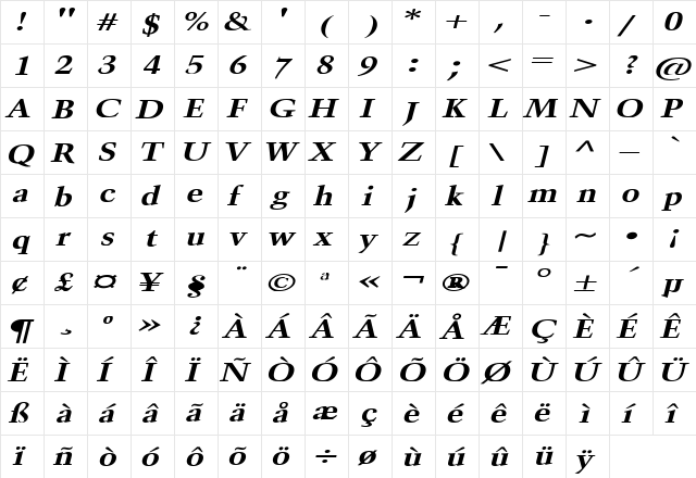 Horn Extended Bold Italic  glyph index