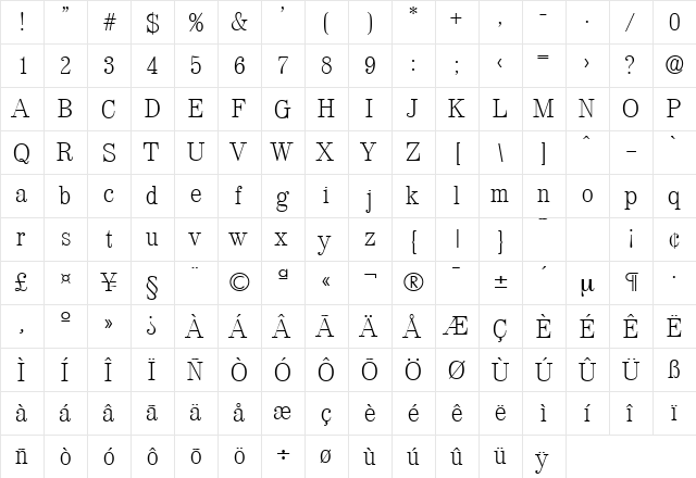 Valencia-Serial-ExtraLight Regular  glyph index