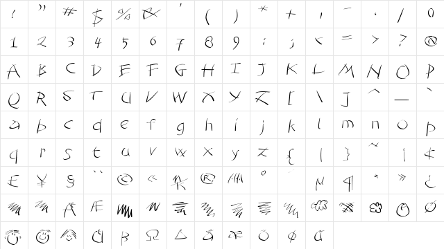 Tomahawked Regular  glyph index