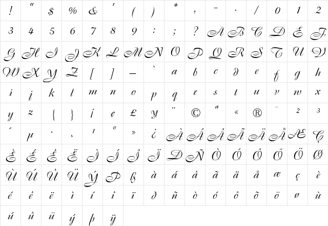 Boulevard Regular  glyph index