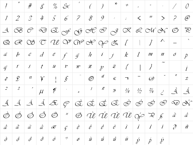 Vivaldi Regular  glyph index