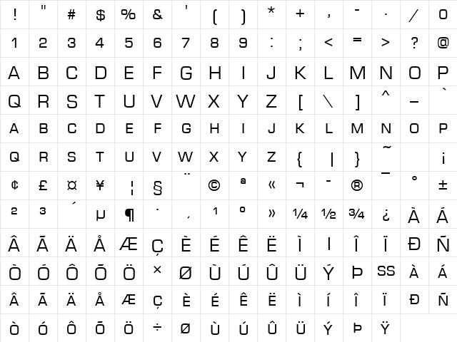 EurostileDCDReg Regular  glyph index