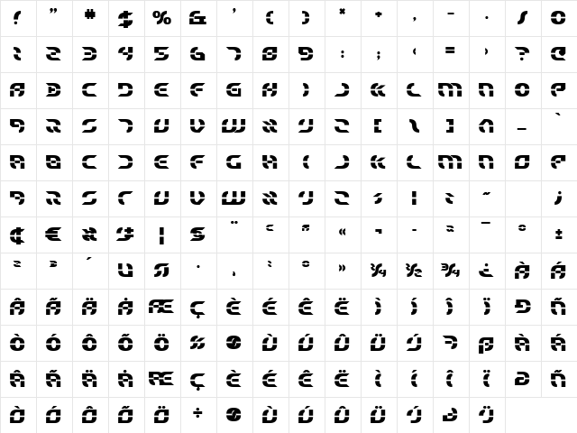 Starfighter Bold Bold  glyph index