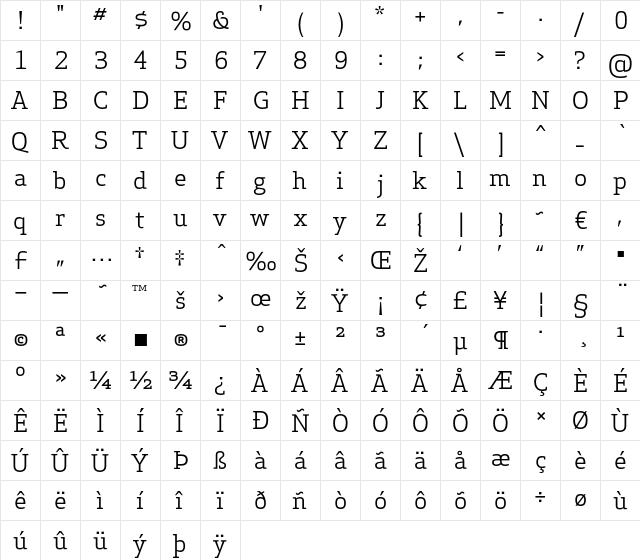 Apex Serif Book Regular  glyph index