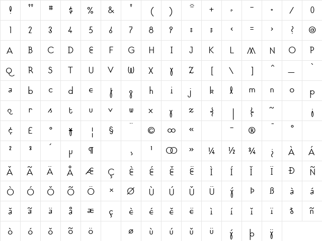 SuburbanLight Regular  glyph index