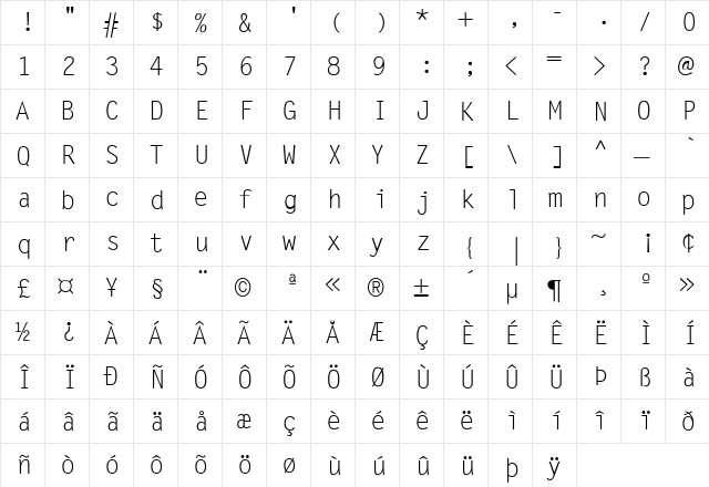 LetterGothic Regular  glyph index