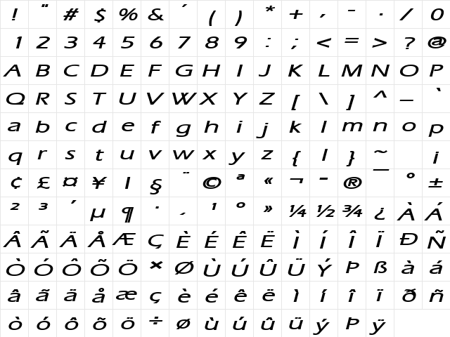 Eric Extended BoldItalic  glyph index