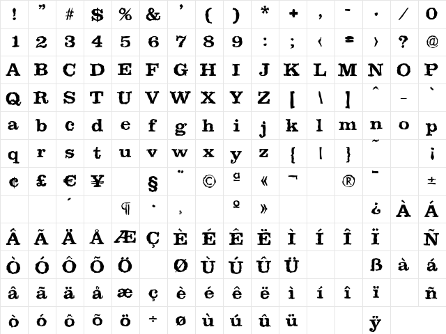 ClareRandom Bold  glyph index