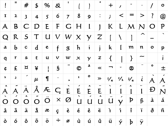 Calli 109 Bold  glyph index