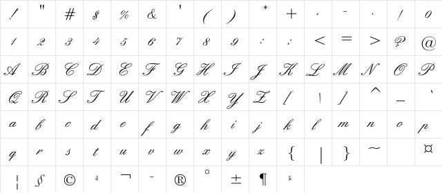 EnglishScriptC Regular  glyph index