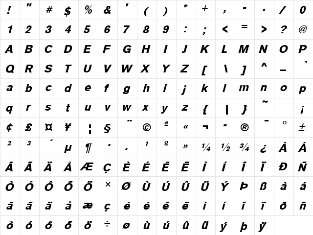 Sage Bold Oblique  glyph index