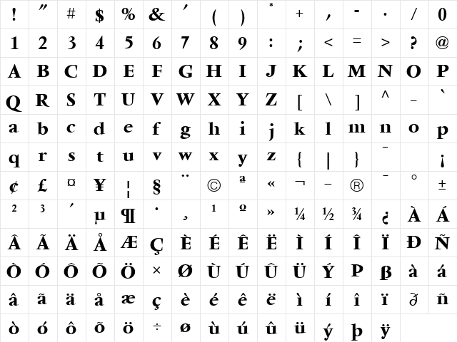 Vendome ICG Bold  glyph index