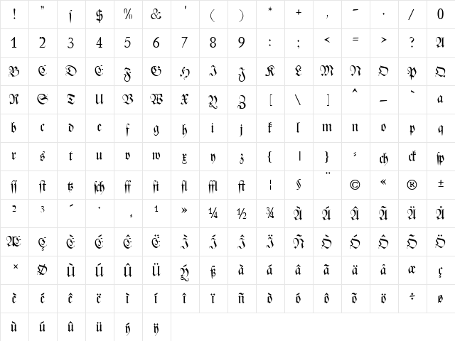 Zentar Regular  glyph index