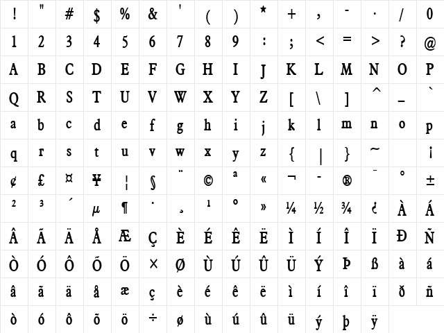 Nadine Thin Bold  glyph index