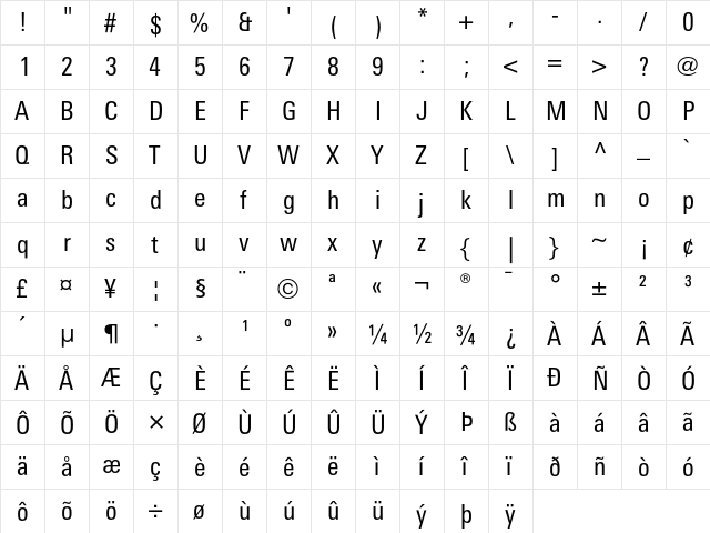 LinotypeUnivers CondRegular  glyph index