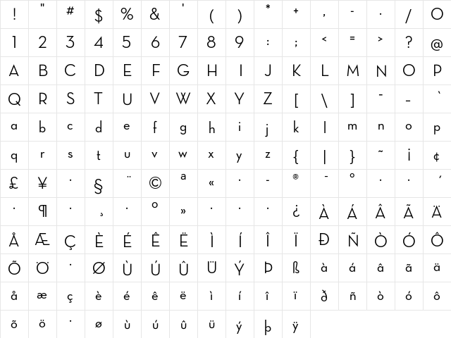 Neutra Display Thin Alt Medium  glyph index