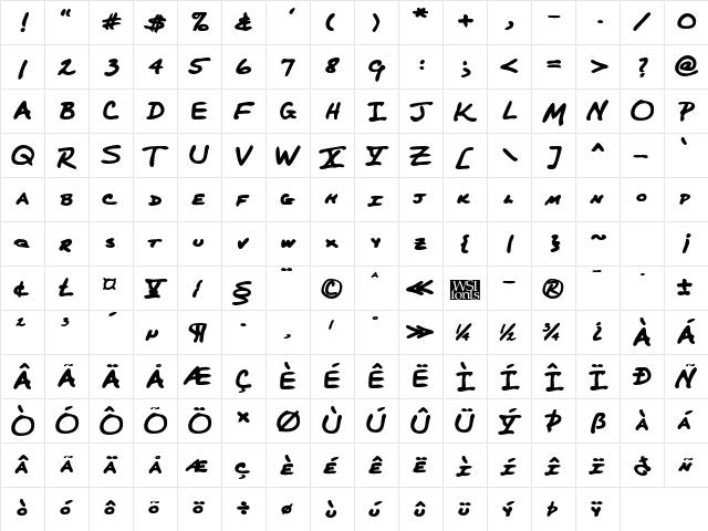 PerkinsHand Bold  glyph index