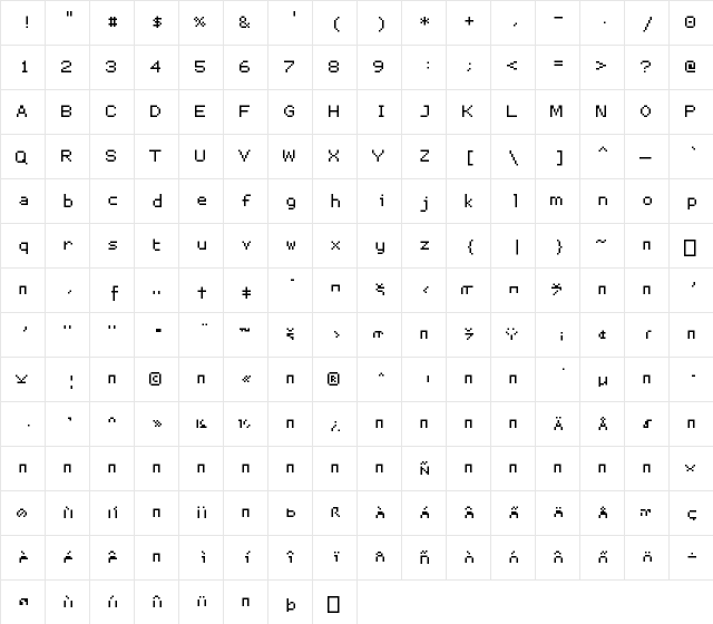 ProggySmallTT Regular  glyph index