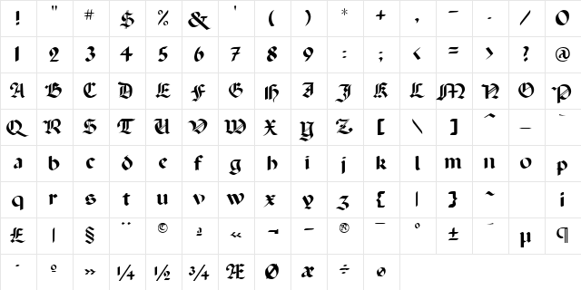 Lancaster Regular  glyph index