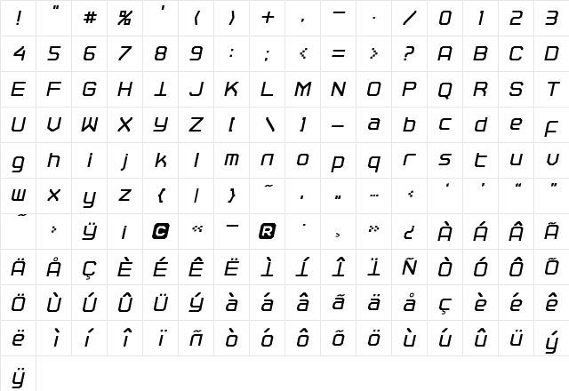 TRACEROUTE Italic  glyph index