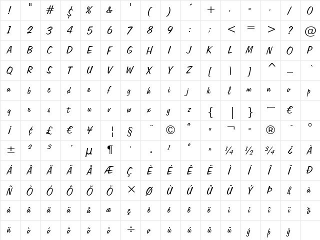 Freehand575 BT Regular  glyph index
