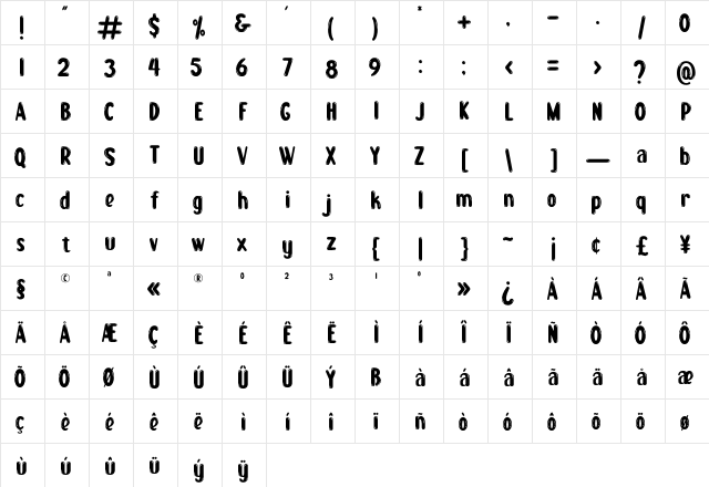 Boogie worth Regular  glyph index