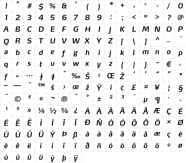 MaxLF-SemiBoldItalic Regular  glyph index