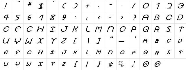 JaySetch Italic  glyph index