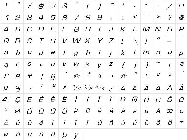 EurostileExtObl-Normal Regular  glyph index