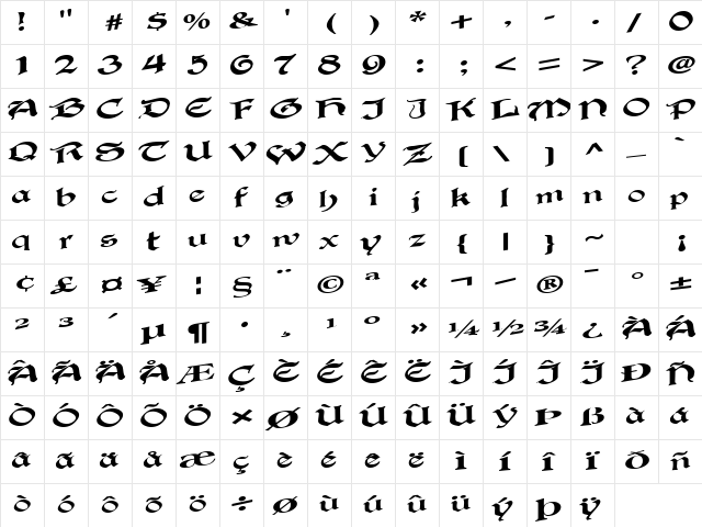 Tennis Regular  glyph index