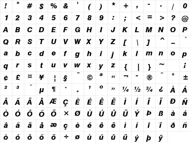 Swis721 Hv BT Heavy Italic  glyph index