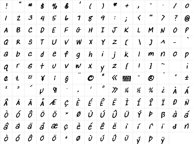 YanksHand Bold Italic  glyph index