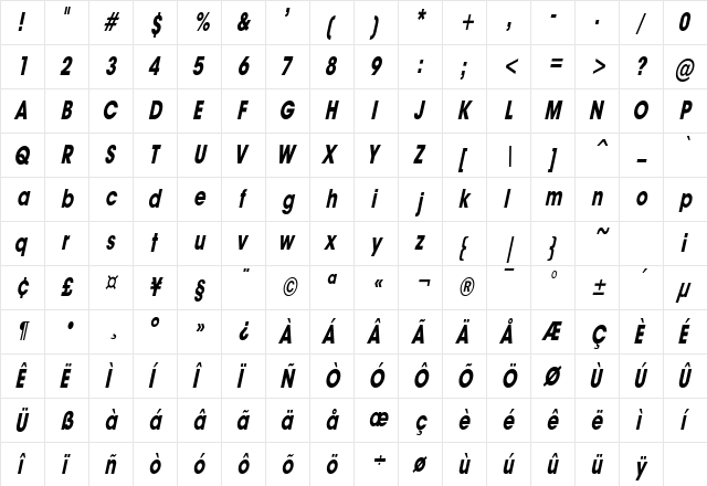AvantGuardCondSW BoldItalic  glyph index