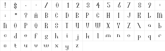 Bridgework Regular  glyph index