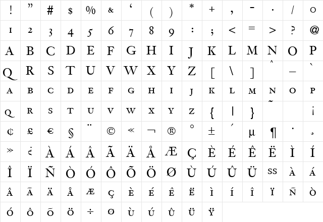JacobiteSmc Regular  glyph index