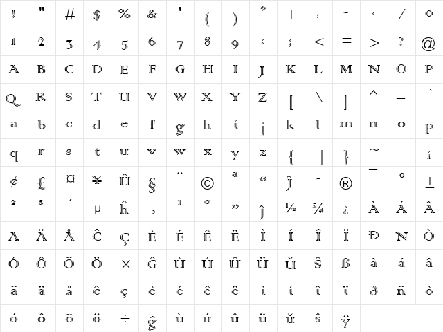 Colonna MT Eo Regular  glyph index