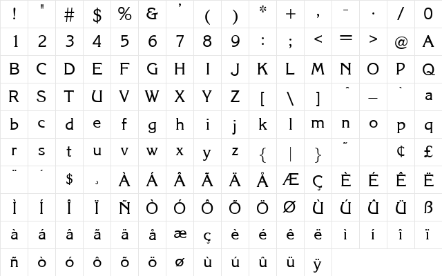 Korilly Regular  glyph index
