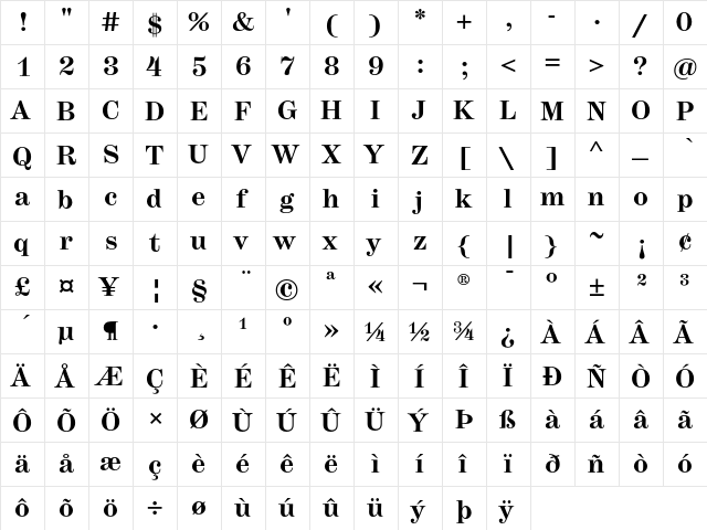 Hercules Bold  glyph index