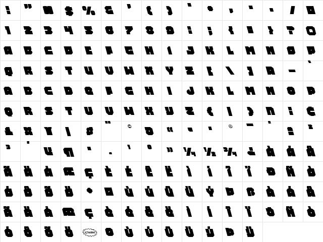 Turtle Mode Leftalic Italic  glyph index