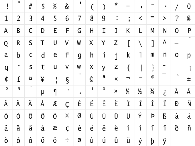 Lucida Console Thin Regular  glyph index