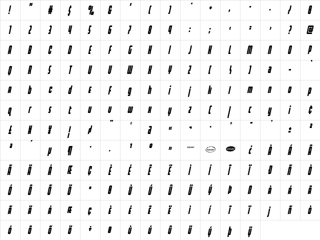 Homelander Condensed Italic Regular  glyph index
