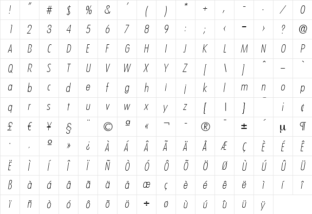 PeterBeckerCond-ExtraLight Italic  glyph index
