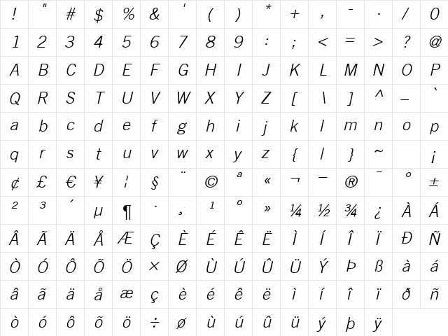 TransferGothic-Light Italic  glyph index