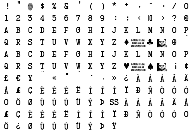 Card Characters Regular  glyph index