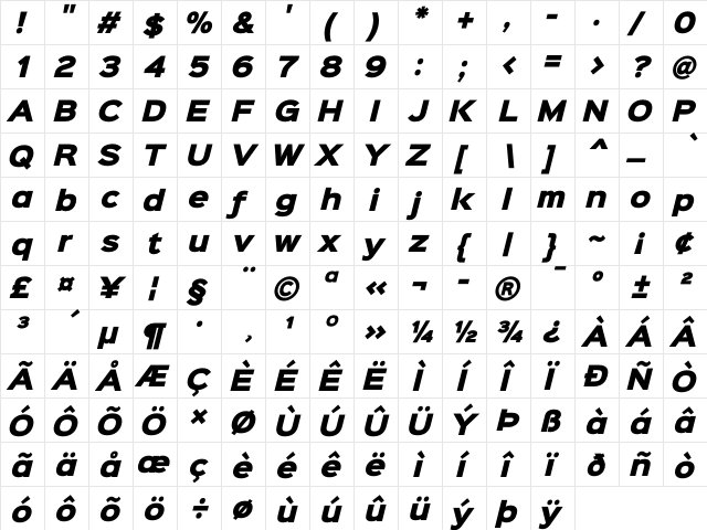 Sinkin Sans 900 X Black Italic Regular  glyph index