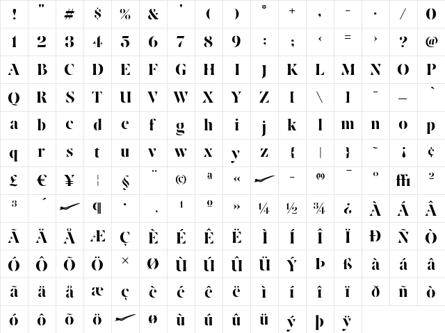 Avia-Bold Regular  glyph index