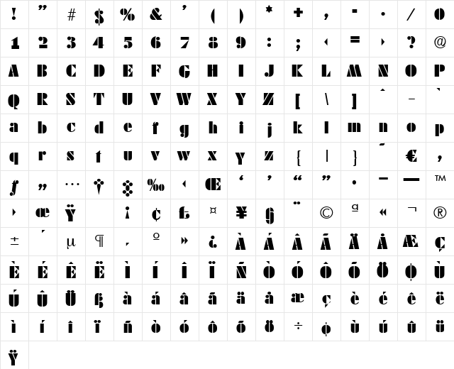 Dekoblack Regular  glyph index