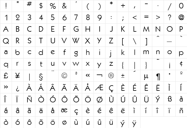 KabanaBook Regular  glyph index