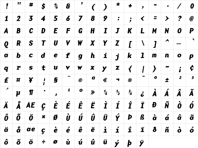 BaseMonoWide BoldItalic  glyph index